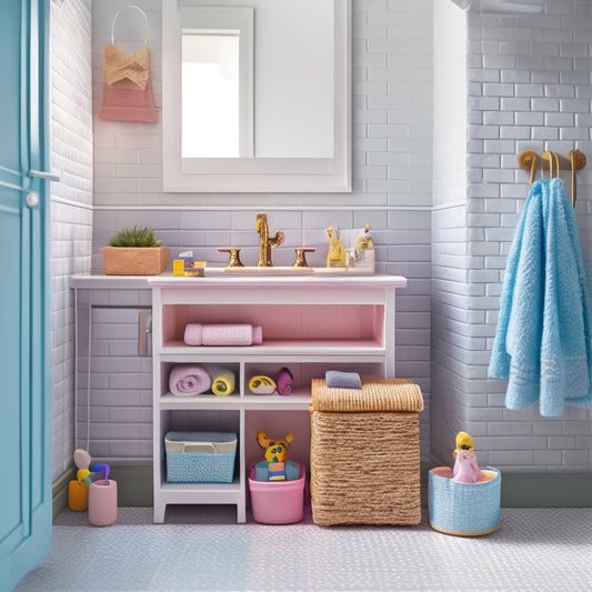 A bright, modern kids' bathroom with a wall-mounted cabinet, step stool, and woven basket storage, surrounded by soft, pastel-colored towels and a few scattered toy blocks.