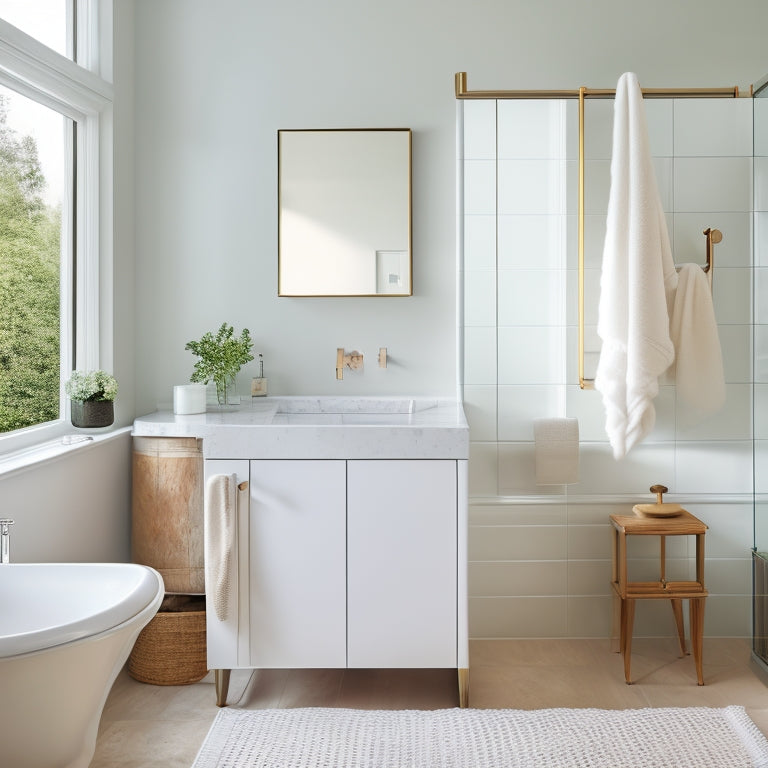 A serene, white, and minimalist bathroom with a wall-mounted, glass-front cabinet, a sleek, low-profile sink, and a woven storage basket beside a freestanding tub.