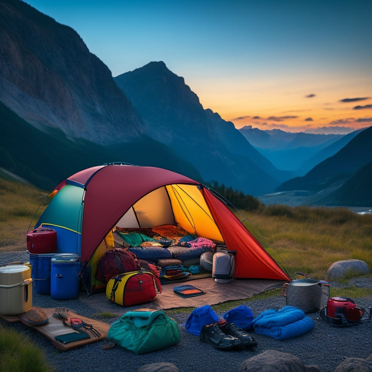 A neatly arranged camping setup with a Fiamma Pack Organizer in the center, surrounded by outdoor gear and accessories, set against a serene mountainous backdrop at dusk.