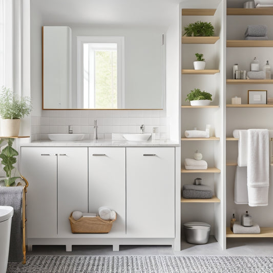 A modern bathroom with white walls, gray countertops, and a sleek sink, featuring a wooden open shelving unit with three tiers, holding rolled towels, glass jars, and decorative bathroom essentials.
