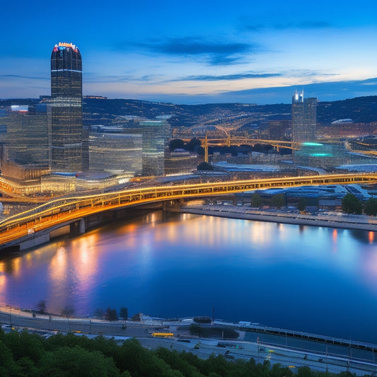 A bustling Pittsburgh cityscape at dusk, with the PPG Paints Arena's sleek, modern architecture and gleaming glass façade taking center stage, surrounded by vibrant nightlife and sports fans.