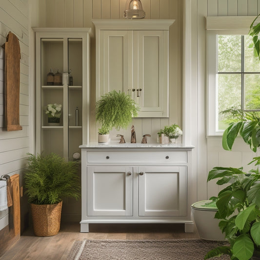 A beautifully styled bathroom with a distressed wooden cabinet refurbished with new hardware and a fresh coat of white paint, surrounded by lush greenery and soft, warm lighting.