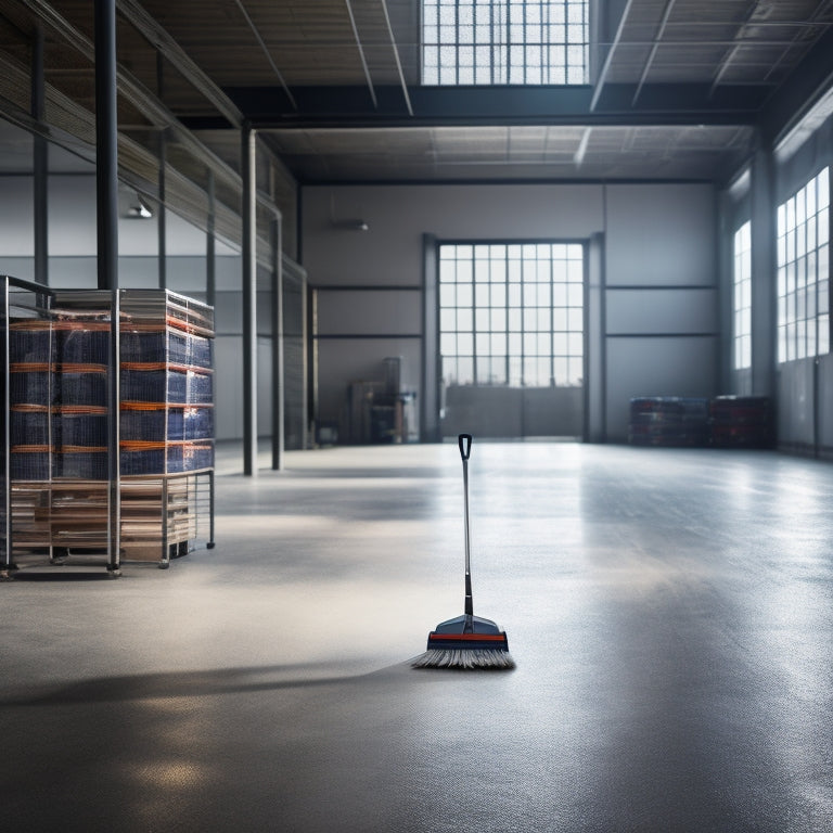 A bright, modern warehouse floor with a sleek, silver, and black Trident SW18 manual push sweeper centered, surrounded by scattered dust, dirt, and debris, with a faint broom and dustpan in the background.