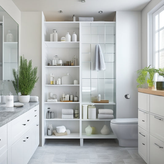 A modern bathroom with a sleek, white, floor-to-ceiling shelving unit featuring four adjustable glass shelves, chrome brackets, and a built-in cabinet with a mirrored door.