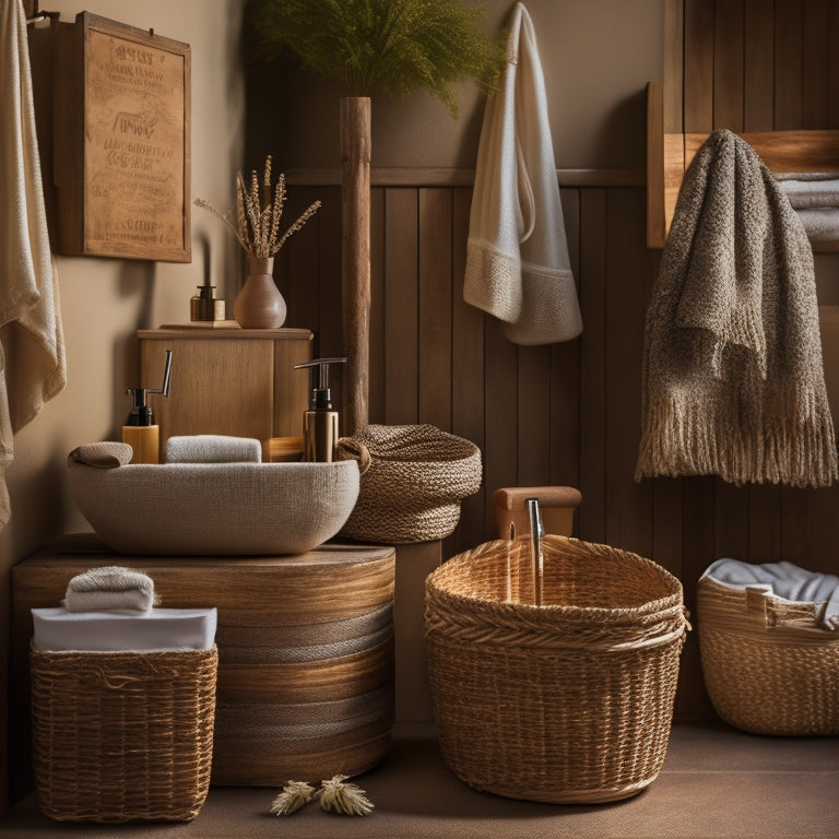 A cozy rustic bathroom scene showcasing various woven storage baskets and wooden bins filled with towels and toiletries, accented by natural elements like dried flowers and a vintage mirror, all bathed in warm, soft lighting.