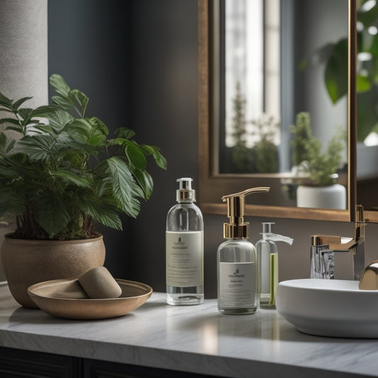 A serene bathroom countertop with a few, carefully arranged, elegant bottles and a small, potted plant, surrounded by a clutter-free, marble-like surface, with a soft, warm lighting effect.