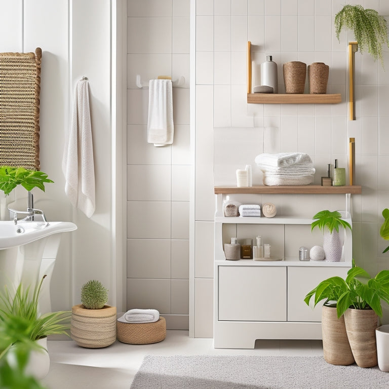 A chic bathroom scene featuring a sleek, modern over-the-toilet shelving unit made of bamboo, adorned with neatly stacked towels, decorative jars, and potted plants, all against a soft pastel wall backdrop.
