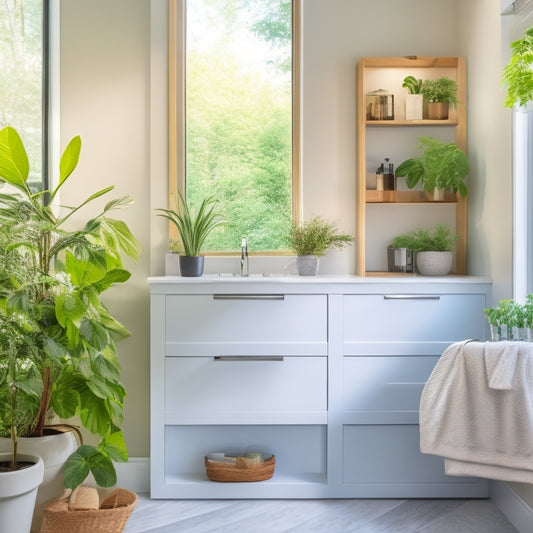 A serene small bathroom featuring sleek glass door organizers filled with neatly arranged toiletries, vibrant plants, and elegant decor. Soft, natural light filters through the glass, highlighting the organized beauty and maximizing space.
