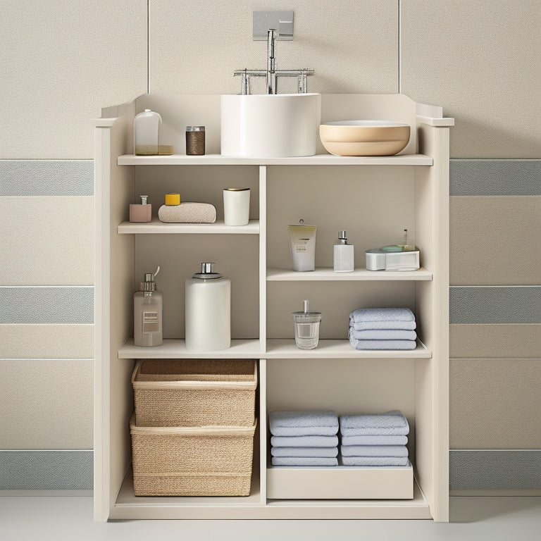 A minimalist illustration of a tiny bathroom cabinet with sliding drawers, stacked baskets, and a tiered shelf, showcasing optimal storage solutions in a compact space.