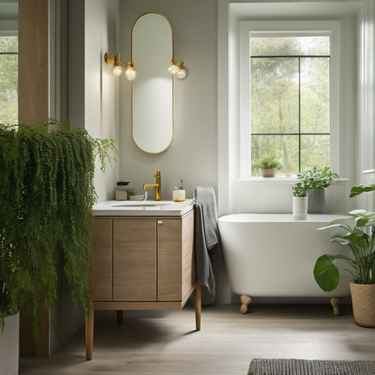 A serene, well-lit bathroom with a freestanding tub, surrounded by lush greenery, featuring a wall-mounted cabinet with glass doors, a woven storage basket, and a sleek, minimalist sink console.