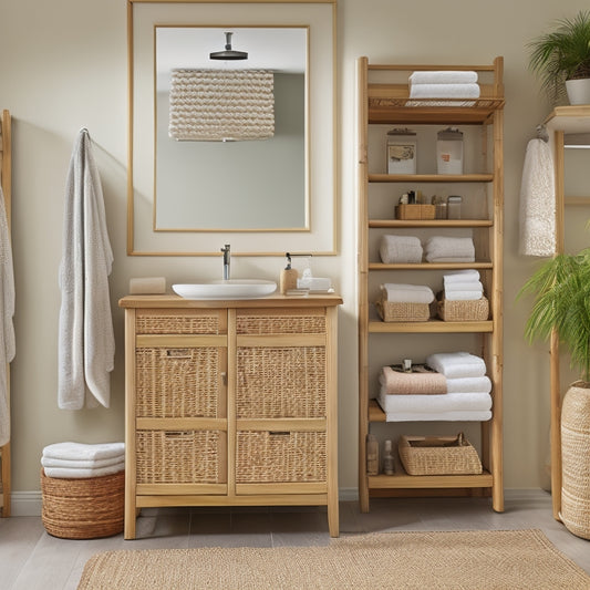 A spacious bathroom with a large, wall-mounted bamboo cabinet, filled with baskets and shelves, alongside bamboo towel racks and a matching bamboo hamper, amidst a soft, natural color palette.