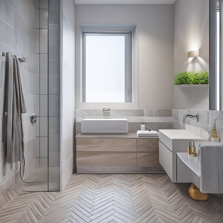 A modern bathroom with large-format porcelain tiles in a herringbone pattern, surrounded by cost-effective decorative accents like recessed shelving and minimalist lighting fixtures.