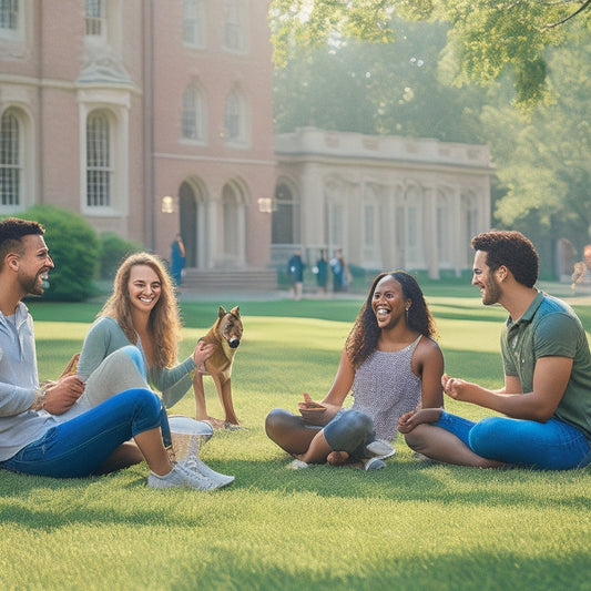 A vibrant, sun-drenched campus scene featuring students of diverse backgrounds laughing, chatting, and studying together on a lush green lawn surrounded by historic buildings and towering trees.
