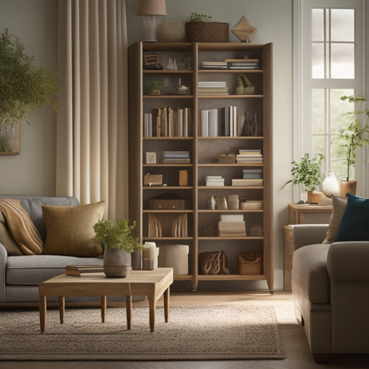 A serene and organized living room with a tidy coffee table, a few neatly arranged books on a shelf, and a closed storage cabinet with a slight crack of light peeking through the door.