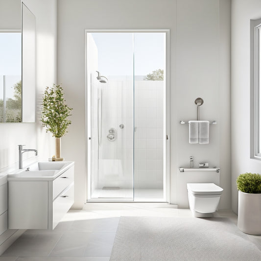 A serene, minimalist bathroom with a wall-mounted sink, a compact toilet, and a floor-to-ceiling glass shower enclosure, surrounded by calming whites, creams, and natural textures.
