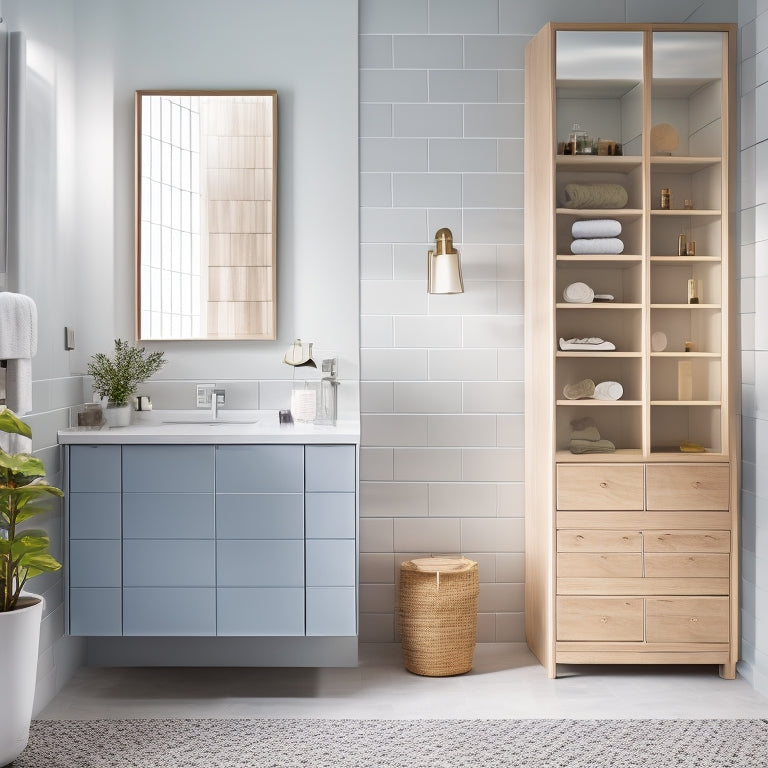 A modern bathroom with a wall-mounted cabinet featuring sliding mirrored doors, a recessed medicine cabinet, and a freestanding tub surrounded by woven storage baskets and a minimalist shelving unit.