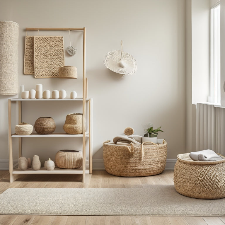 A serene, minimalist room with a plush area rug, featuring 5-7 rattan baskets of varying shapes and sizes, artfully arranged on a wooden shelf or woven storage bench.