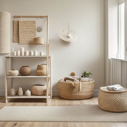 A serene, minimalist room with a plush area rug, featuring 5-7 rattan baskets of varying shapes and sizes, artfully arranged on a wooden shelf or woven storage bench.