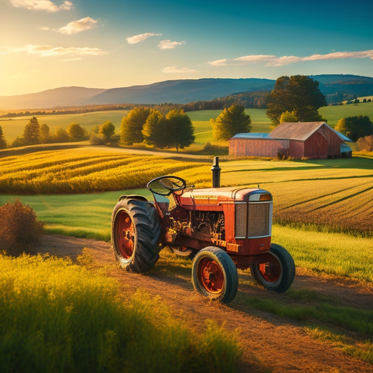 A rustic, sun-drenched landscape featuring a vintage tractor, scattered farm tools, and a sprawling farmhouse in the background, surrounded by rolling hills and lush greenery.