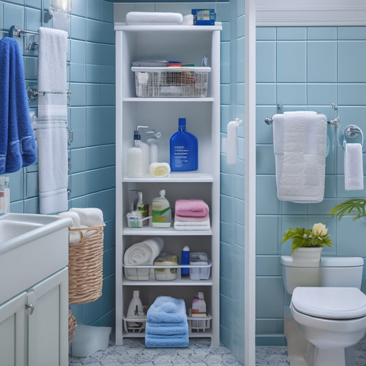 A clutter-free college bathroom with a shower caddy holding toiletries, a hanging organizer for towels and bags, and a compact storage unit under the sink for personal care items.