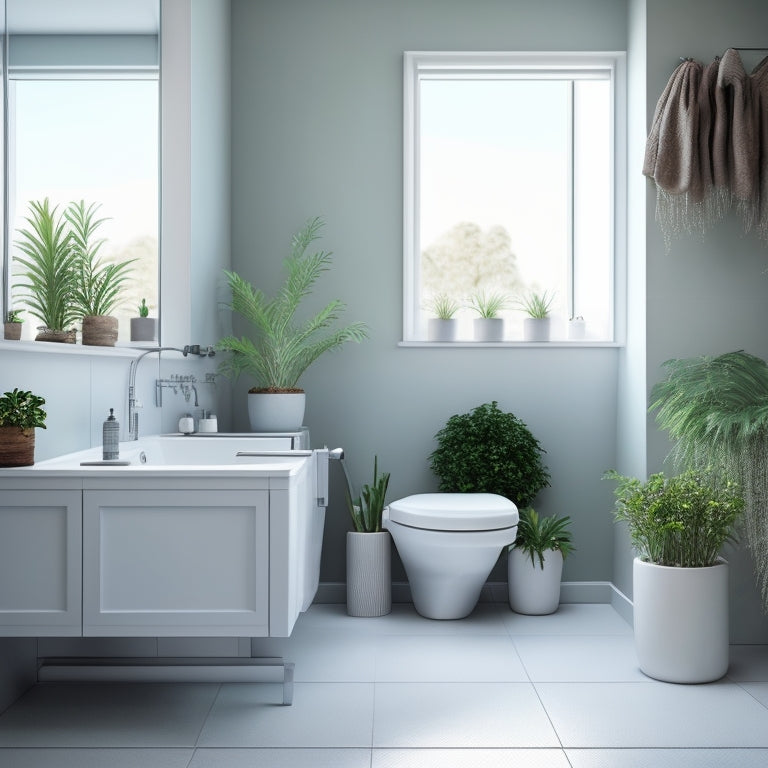 A serene, minimalist bathroom with a freestanding tub, a wall-mounted sink, and a few strategically placed potted plants, set against a calming white and gray color scheme.