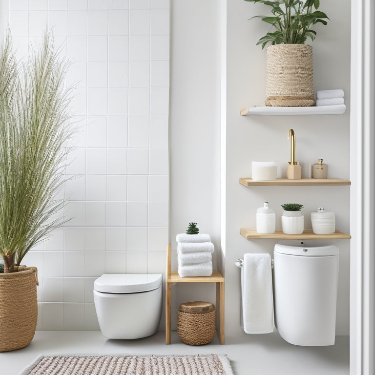 A serene, minimalist bathroom with a compact bamboo shelving unit against a white wall, holding a few rolls of toilet paper, a small potted plant, and a woven basket containing toiletries.