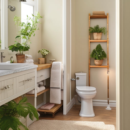 A serene bathroom with a white pedestal sink, surrounded by warm beige walls, featuring a floating wooden shelf above the sink and a decorative ladder shelf beside it, with a few rolled towels and a potted plant.