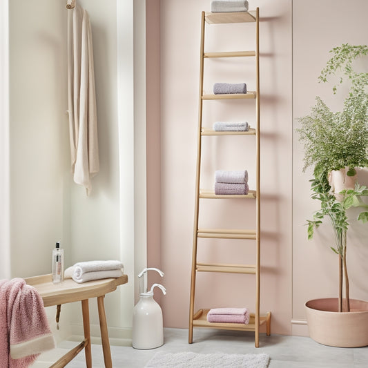 A sleek bathroom featuring a minimalist ladder shelf adorned with neatly rolled towels in pastel shades, beside a stylish wall-mounted basket brimming with vibrant washcloths, all set against a serene, neutral backdrop.