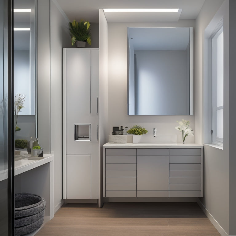 A modern, sleek bathroom with a small footprint, featuring a recessed medicine cabinet with mirrored door, soft-close drawers, and a minimalist countertop, illuminated by a stylish LED light fixture.