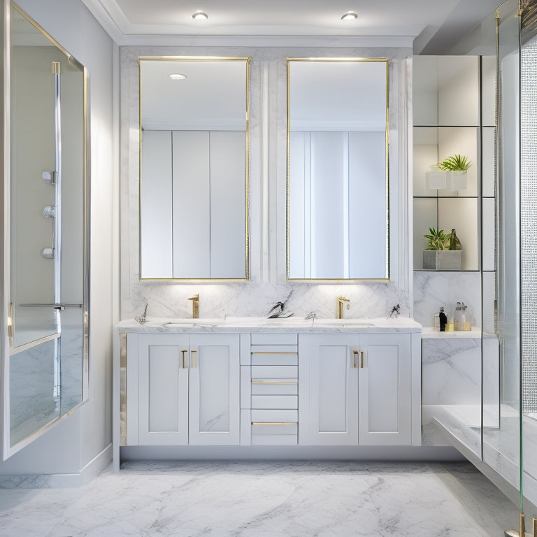 A luxurious bathroom featuring a large, floor-to-ceiling mirrored cabinet with LED lighting, sleek chrome handles, and a modern, minimalist design aesthetic, set against a crisp white and gray marble backdrop.