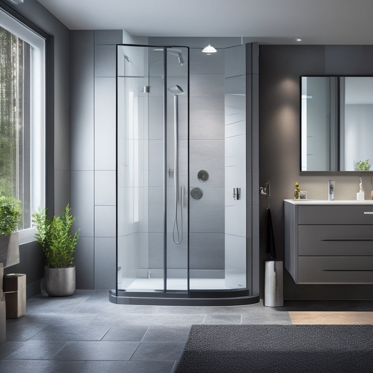 A sleek, modern bathroom with a freestanding cabinet featuring a moisture-resistant coating, standing proudly on a water-splashed floor, surrounded by steam-covered mirrors and a rainfall showerhead.