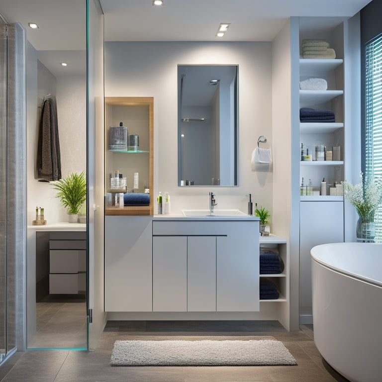 A modern bathroom with a floor-to-ceiling cabinet featuring glass doors, showcasing organized toiletries and towels, alongside a sleek sink and a large mirror with a subtle LED lighting effect.