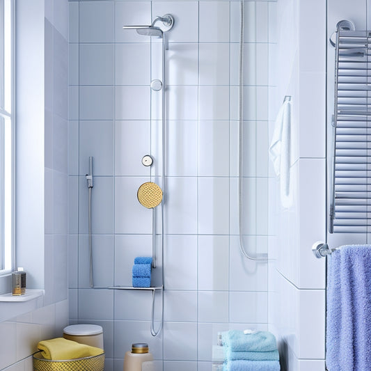 A tidy, minimalist bathroom with a compact shower stall, featuring a sleek, wall-mounted shower caddy with three tiered baskets, a suction-cup soap dish, and a chrome-finished showerhead.