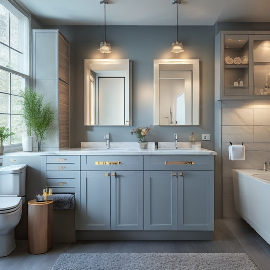 A modern bathroom with three wall-mounted vanity units of varying styles and prices, set against a soft, gray background, with subtle lighting and a faint reflection on the floor.
