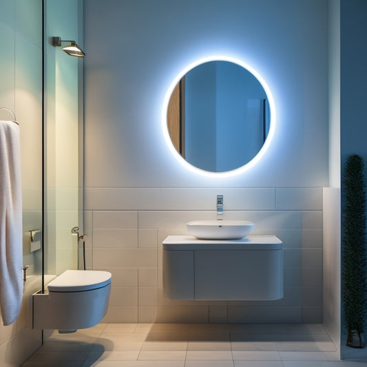 A minimalist bathroom with a wall-mounted toilet and a round, vessel-style sink on a floating vanity, surrounded by sleek, white tiles and a large, LED-lit mirror.