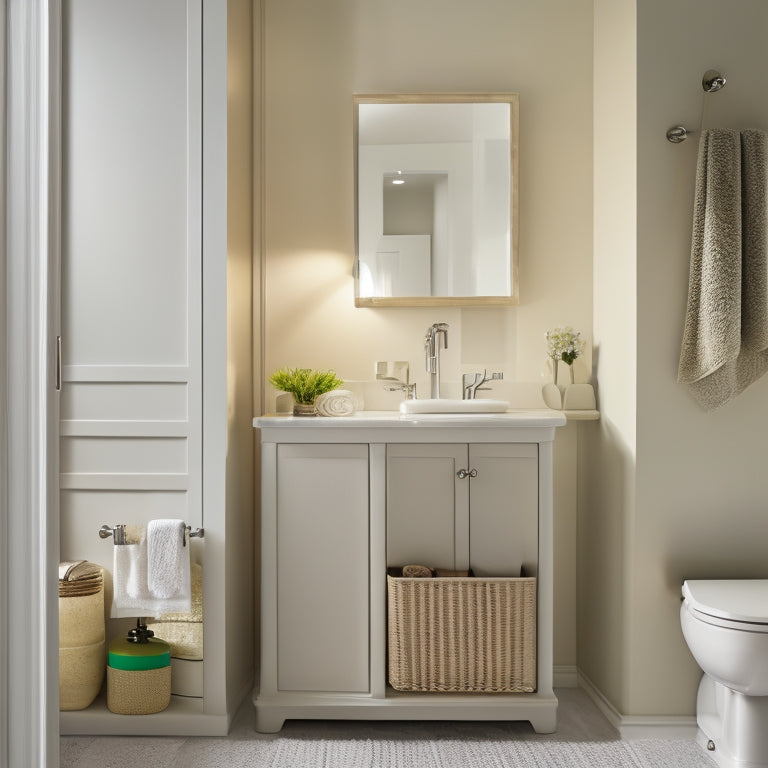 A serene, well-lit bathroom with a wall-mounted cabinet, a pedestal sink, and a toilet with a decorative storage basket beside it, surrounded by neatly arranged toiletries and towels on a minimalist shelf.