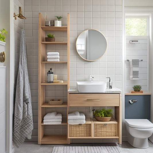 A tidy, modern bathroom with a wall-mounted cabinet, a pedestal sink with built-in storage, a woven basket under the sink, and a shower caddy with hooks and a built-in shelf.