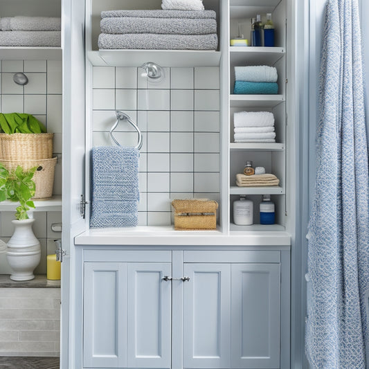 A cluttered bathroom wall cabinet with open doors, overflowing with toiletries and towels, transforms into a tidy space with categorized shelves, baskets, and hooks, showcasing a serene and organized interior.