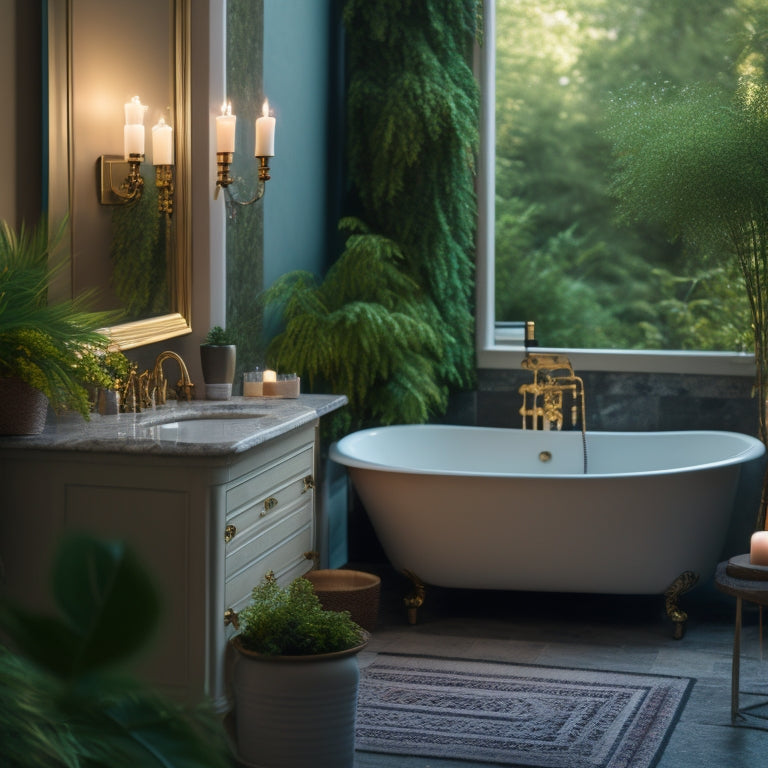 A serene bathroom scene with a freestanding tub, surrounded by lush greenery, a rainfall showerhead, and a marble countertop with a decorative mirror and candles, set against a calming neutral background.