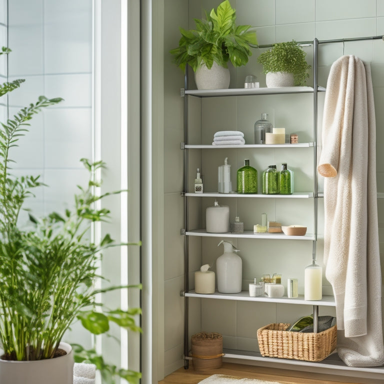 A serene, modern bathroom with a gleaming glass shelving unit against a soft, gray wall, holding rolled towels, decorative bottles, and a few lush green plants, illuminated by soft, warm light.