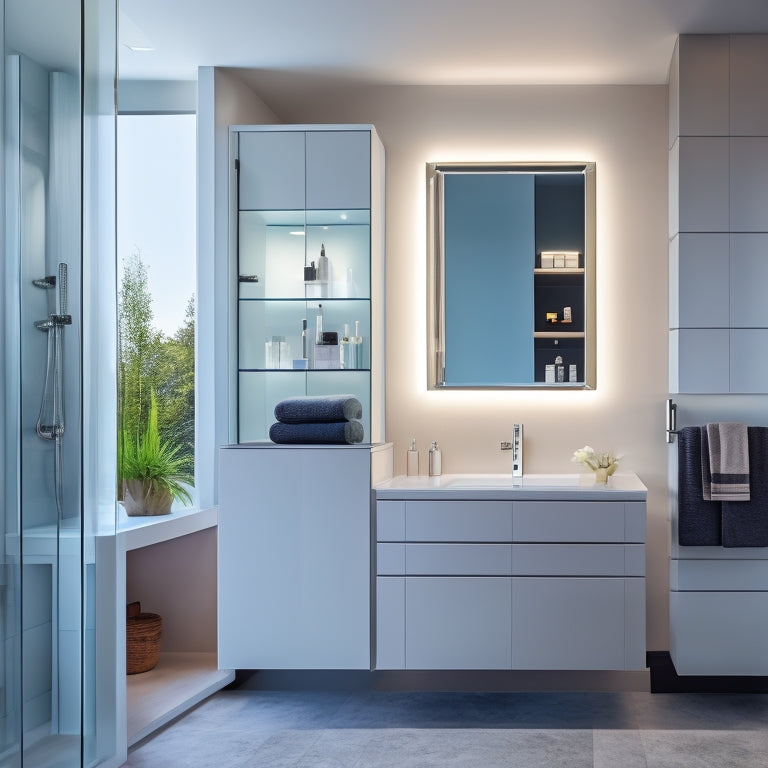 A sleek, modern bathroom with a wall-mounted, LED-lit cabinet, a floating vanity with built-in drawers, and a floor-to-ceiling storage tower with glass shelves and chrome accents.