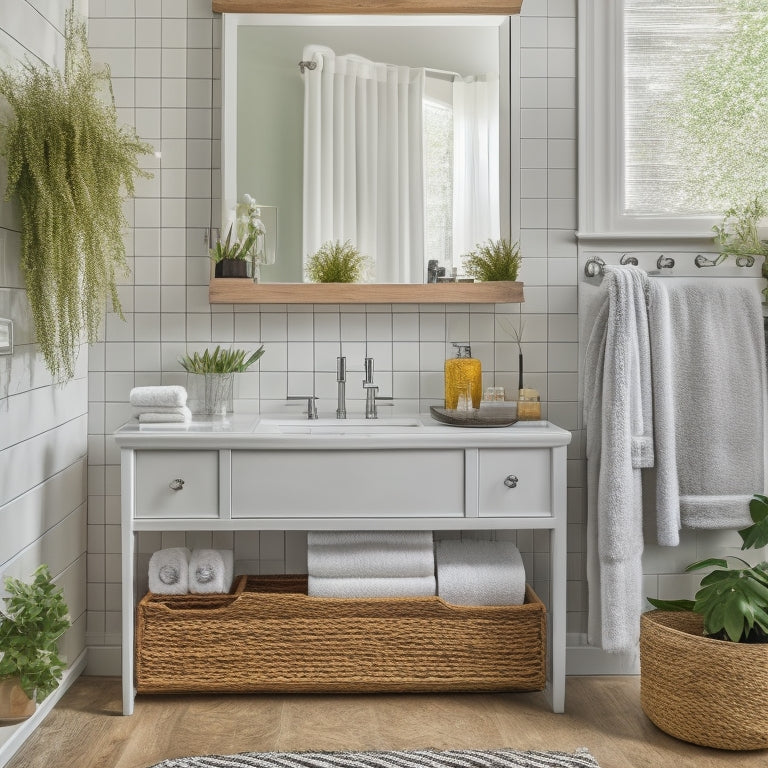 A tidy bathroom with a large mirror, white countertops, and a wall-mounted organizer system featuring three woven baskets, two glass shelves, and a chrome towel rack, surrounded by lush greenery.