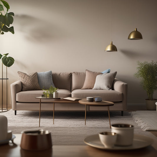 A minimalist illustration of a shared living room with a few, carefully placed decorative items, a tidy coffee table, and a few smartphones and laptops in the background, with calm, muted colors.