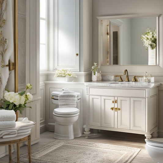 A serene bathroom with a refurbished cabinet, adorned with ornate hardware and a soft, warm glow emanating from within, surrounded by plush towels and a few scattered flower petals.