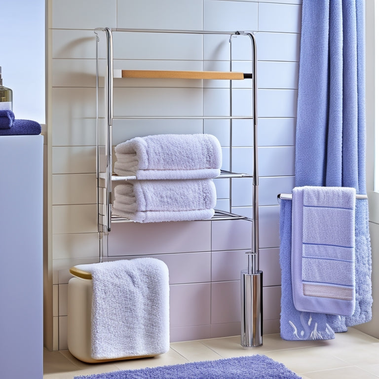 A minimalist bathroom with a wall-mounted, accordion-style towel rack in a polished chrome finish, holding three rolled towels, alongside a compact, cube-shaped towel storage ottoman with a hinged top.