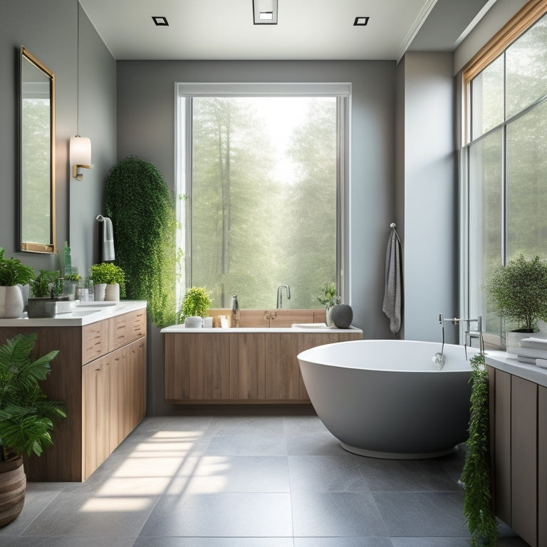 A luxurious, modern bathroom with a freestanding tub, rainfall showerhead, and sleek, gray cabinets, surrounded by calming greenery and natural light pouring in through a large skylight.