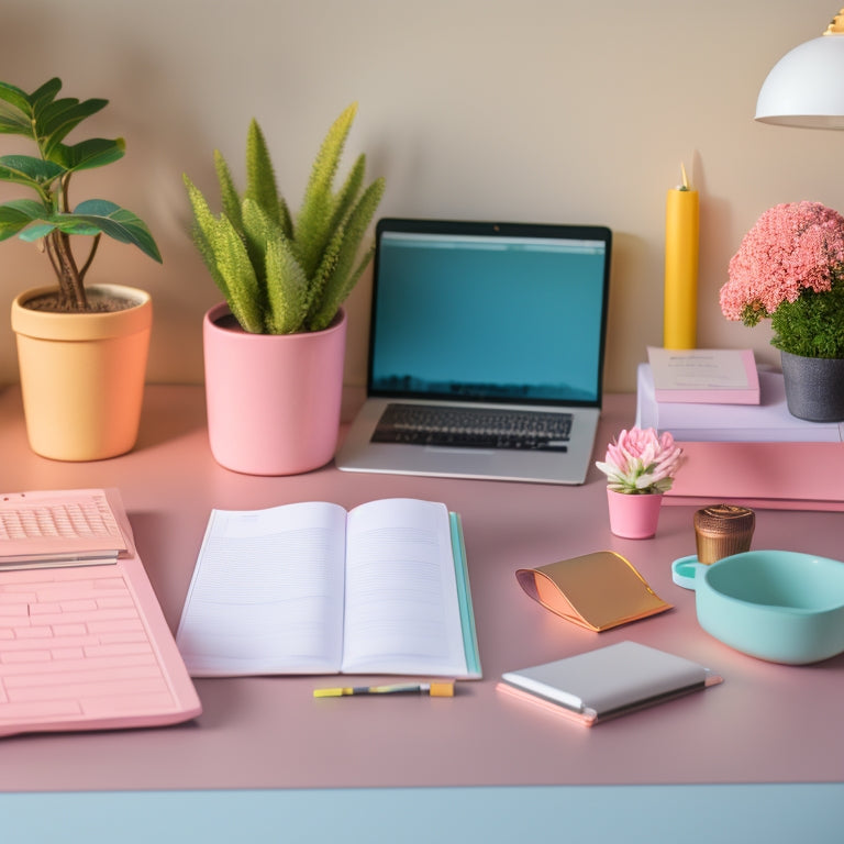 A clutter-free desk with a tidy laptop, a few carefully arranged notebooks, and a small potted plant, surrounded by a subtle background of pastel-colored sticky notes and a minimalist calendar.