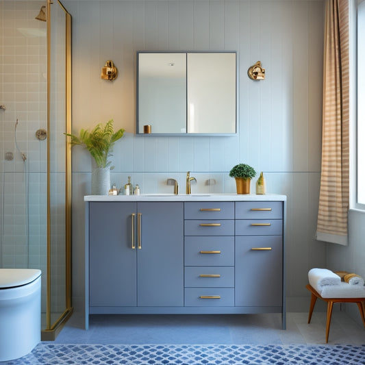 A modern bathroom with a wall-mounted cabinet featuring three horizontal drawers in varying sizes, adorned with sleek metal handles, against a soft gray background with subtle tile patterns.