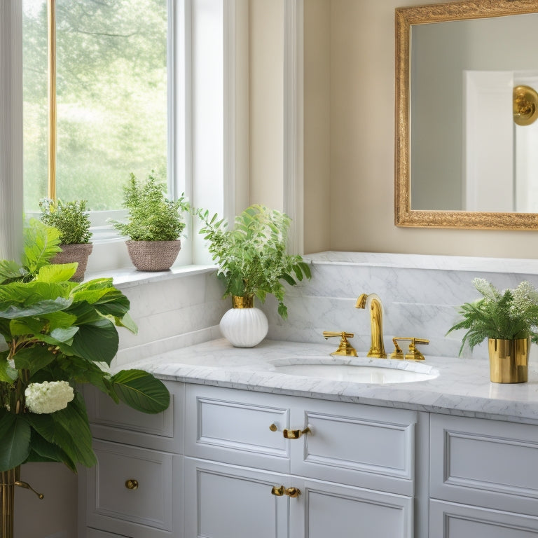 A serene bathroom scene featuring a sleek, white sink vanity with ornate gold hardware, surrounded by crisp white marble countertops, soft gray walls, and lush greenery, bathed in warm, natural light.