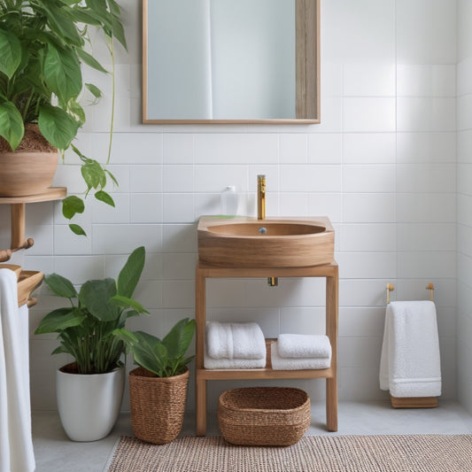 A minimalist bathroom with a wooden vanity, featuring a woven basket, a pedestal with three rolled towels, and a wall-mounted shelf holding a decorative soap dispenser and a small potted plant.